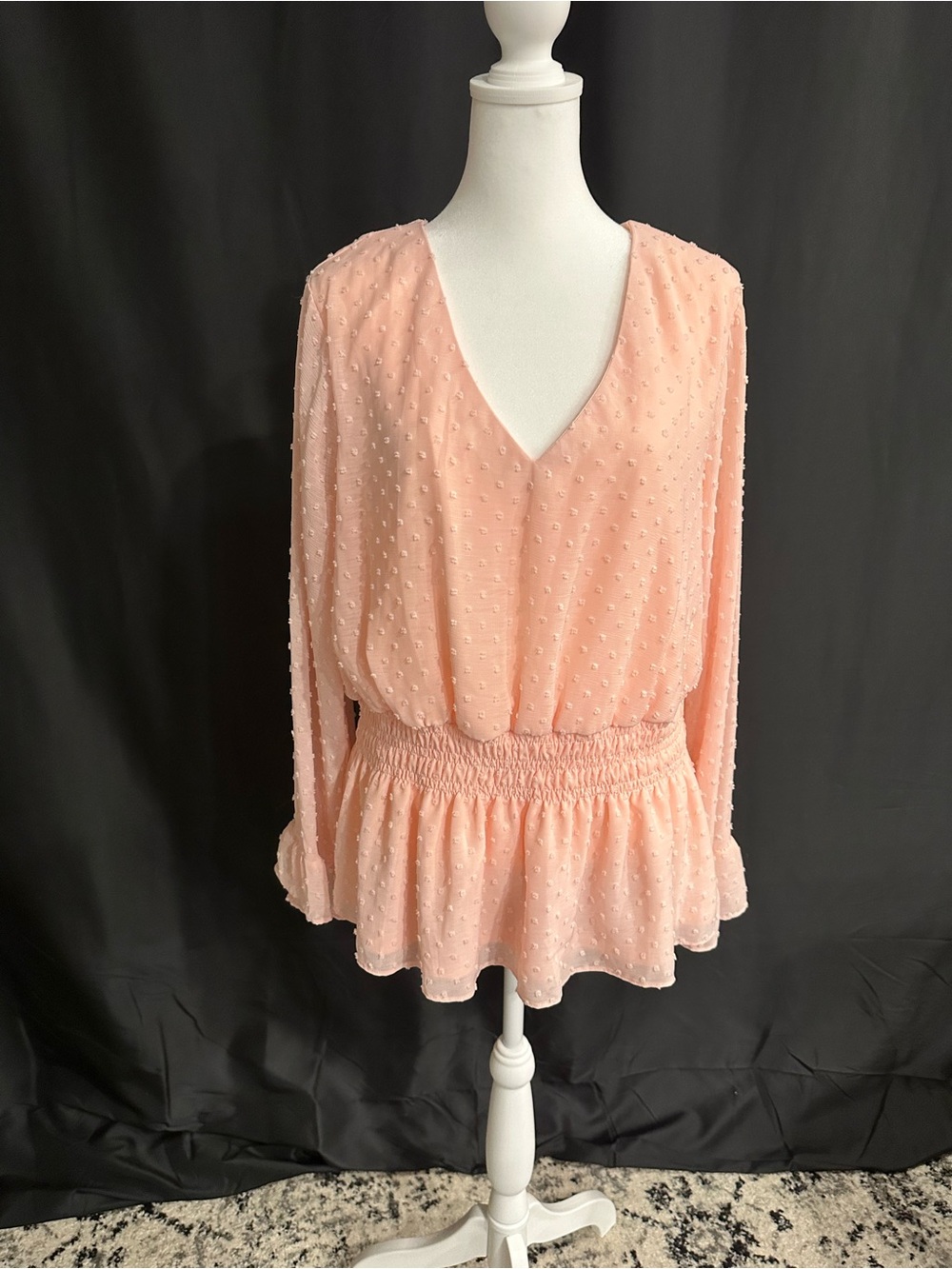 Fever Peach Swiss Dot V-Neck Peplum Tunic